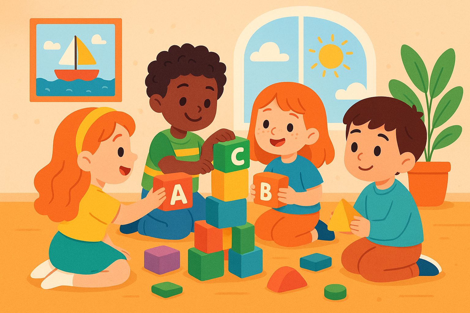 Ilustración de niños jugando y aprendiendo